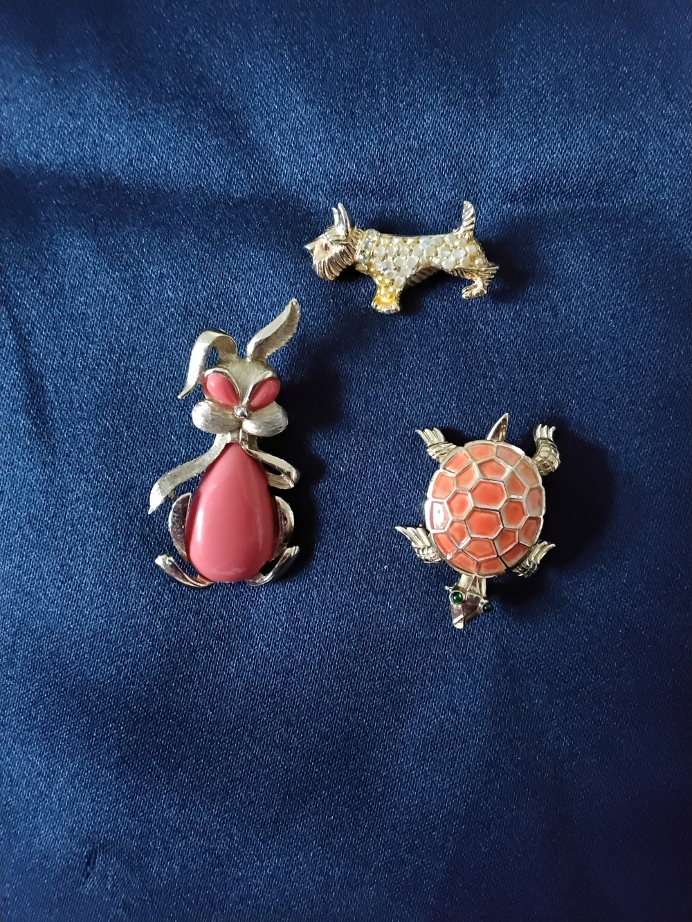 Trifari Pink Bunny, Coral Turtle & Gold Dog Brooch Trio